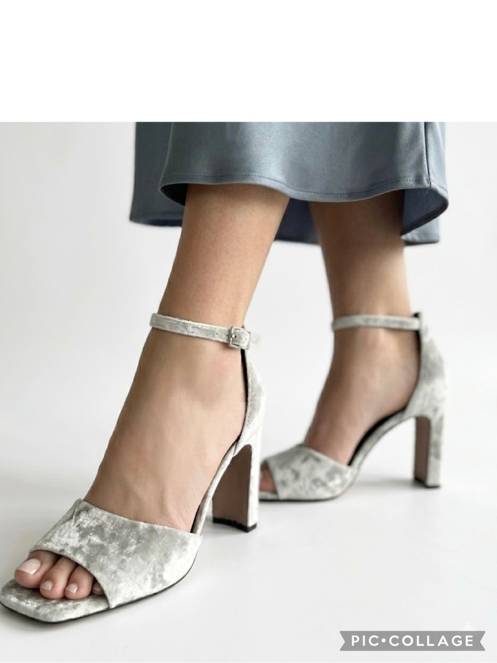 Marc Fisher Harlin Sandals Velvet Ankle Strap Gray Block Heel 10 Quiet Luxury